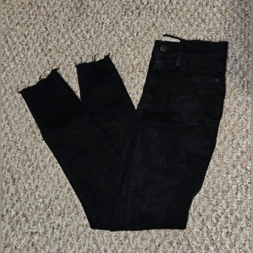 Free People Jeans Womens Mid Rise Skinny Black Size 24 R Raw Hem Cut Off Stretch